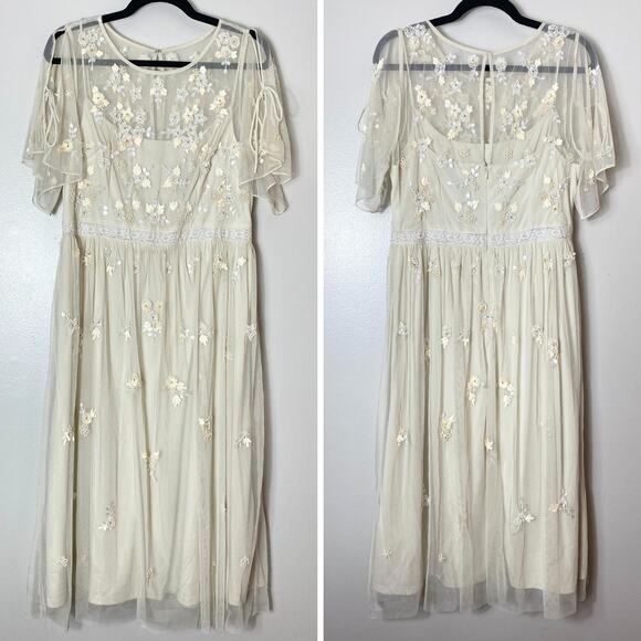 ADRIANNA PAPELL DRESS 14  FAIRY WHIMSICAL SEQUIN BEADED FLORAL SHEER FLUTTER - Picture 1 of 16
